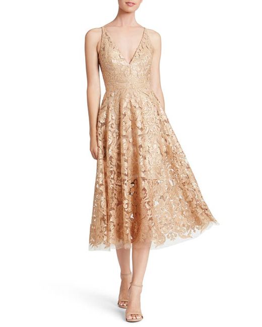Dress the population Blair Embellished Fit Flare Dress in Gold/Nude at
