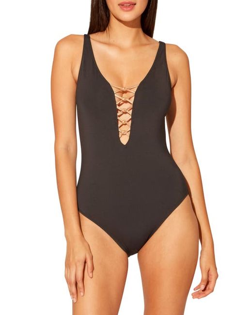 Rod Beattie Kore Lace Down Mio One-Piece Swimsuit in Black/Rose Gold at