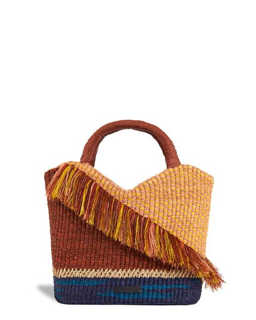 A A K S Oroo Fringe Raffia Tote in Rust/Navy/Yellow/Pale at