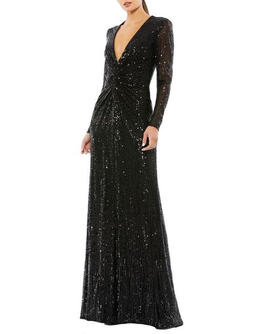 Mac Duggal Sequin Long Sleeve Front Twist Plunge Mesh Gown in at
