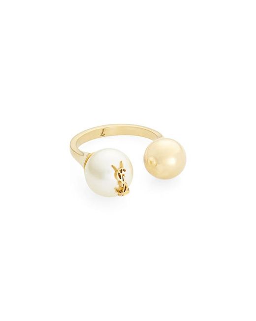 Saint Laurent YSL Imitation Pearl Open Ring in Or Laiton Vieilli/Cr at