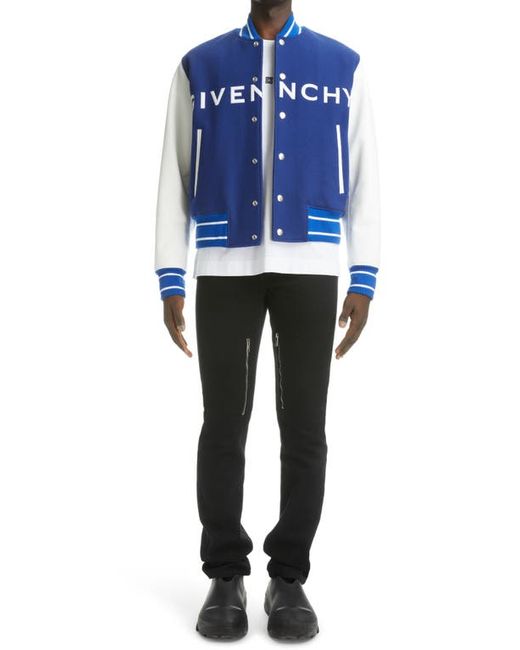 Givenchy Mixed Media Logo Wool Blend Varsity Jacket in White at