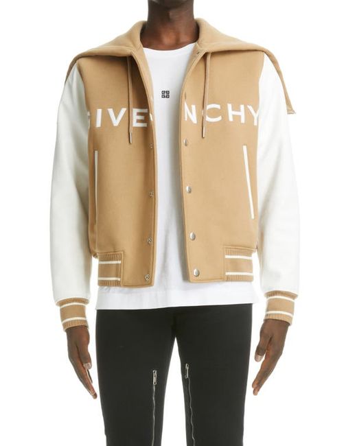 Givenchy Mixed Media Logo Wool Blend Varsity Jacket in White at