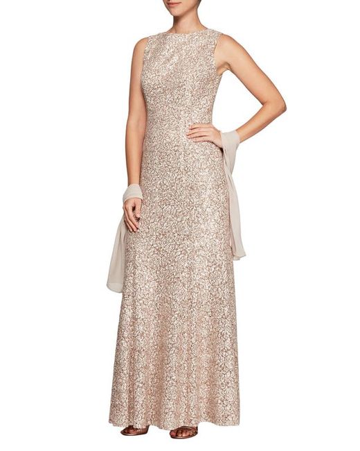 Alex Evenings Sequin Trumpet Gown with Shawl in Chai/Ivory at