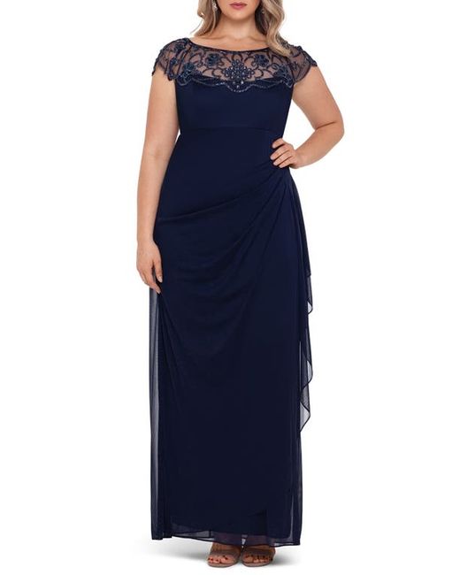 Xscape Beaded Neck Ruched Cap Sleeve Gown in at