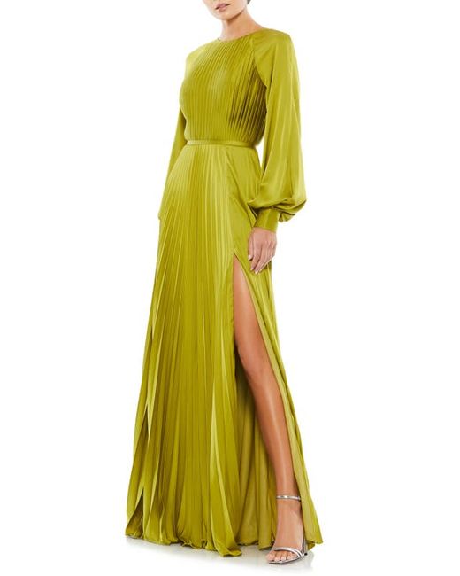 Mac Duggal Pleated Long Sleeve Satin A-Line Gown in at