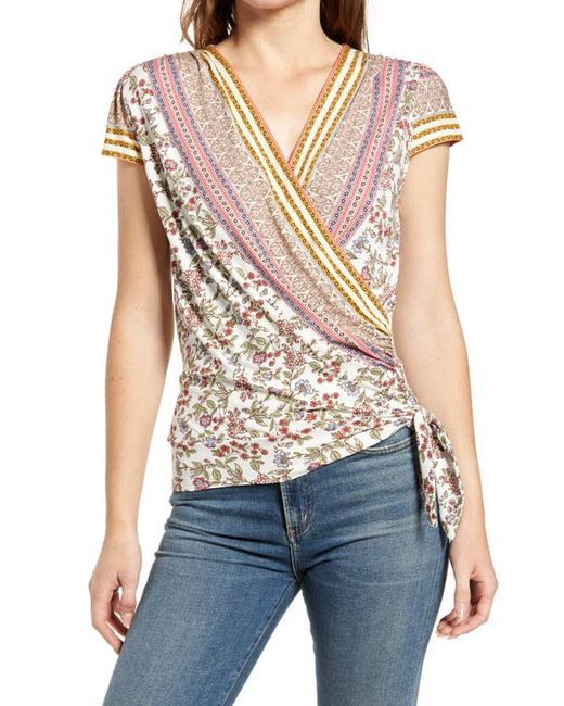 Loveappella Wrap Front Top in Ivory/Coral at