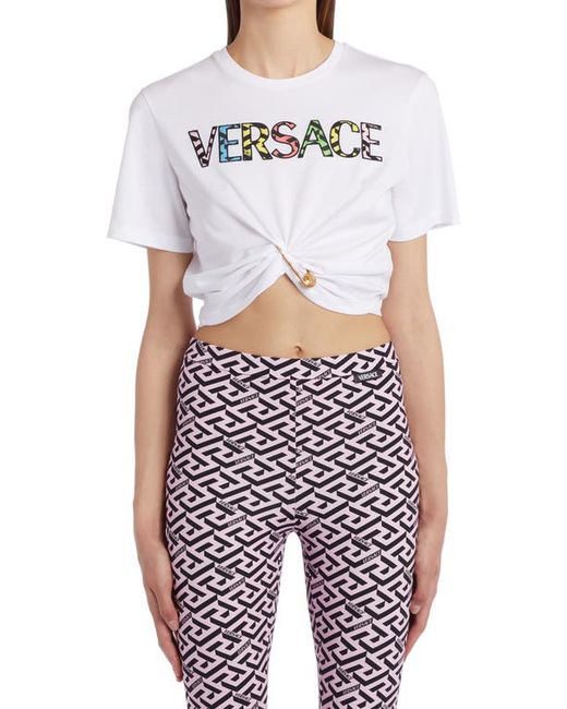 Versace First Line Versace Safety Pin Crop Logo Graphic Tee in at