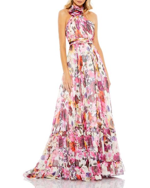 Mac Duggal Floral Rosette Halter Neck Gown in Pink/White Multi at