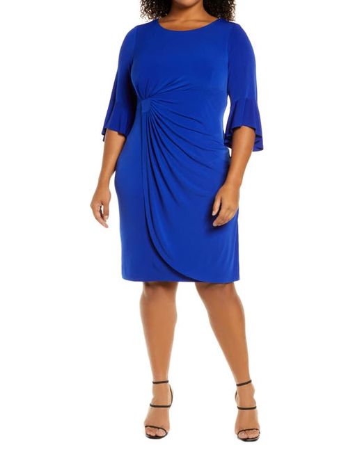 Connected Apparel Gathered Bell Sleeve Faux Wrap Dress in at