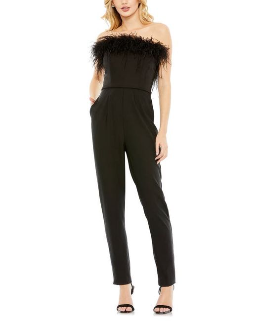 Ieena for Mac Duggal Feather Trim Strapless Jumpsuit in at