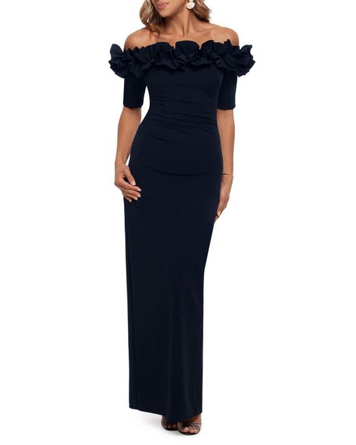 Xscape Ruffle Off the Shoulder Crepe Column Gown in at