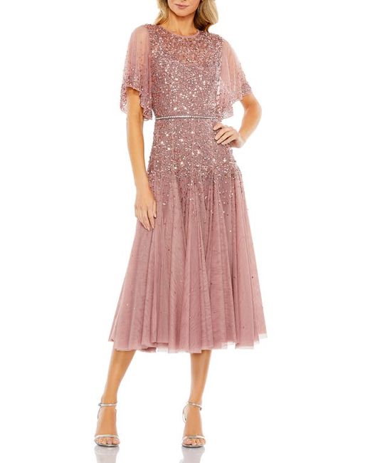 Mac Duggal Sequin Crystal Embellished Ruffle Sleeve Midi Cocktail Dress in at
