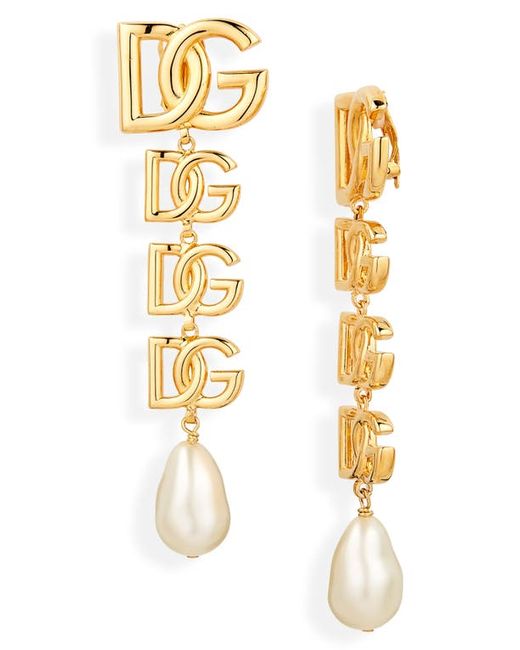 Dolce & Gabbana Logo Imitation Pearl Clip-On Drop Earrings in at