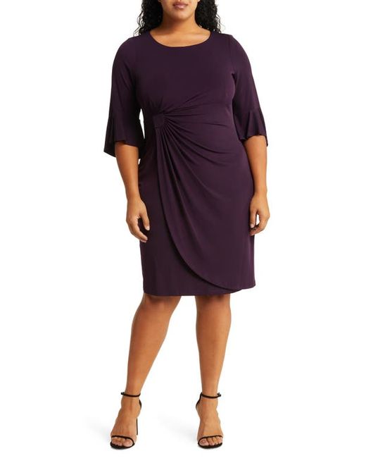 Connected Apparel Gathered Bell Sleeve Faux Wrap Dress in at