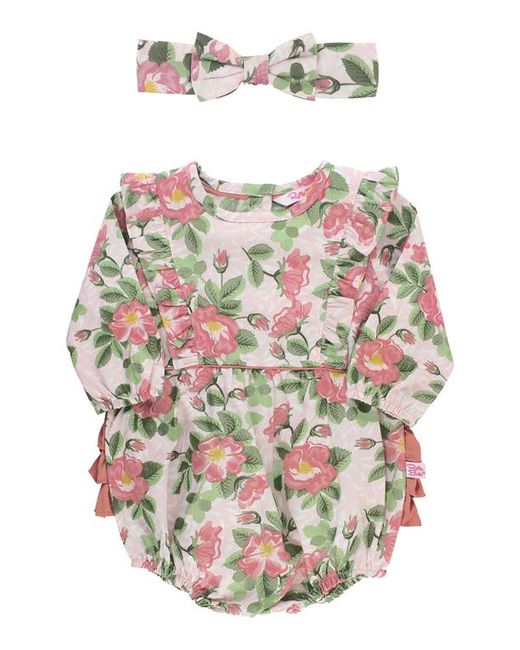 RuffleButts Blushing Posies Bubble Romper Bow Head Wrap Set in at