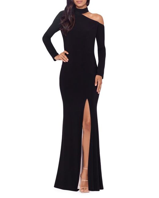 Xscape Cutout Shoulder Long Sleeve Gown in Nude at