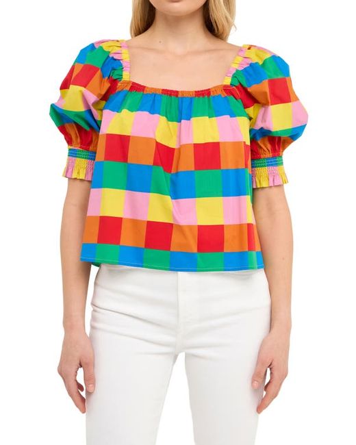 English Factory Rainbow Check Puff Sleeve Cotton Top in at