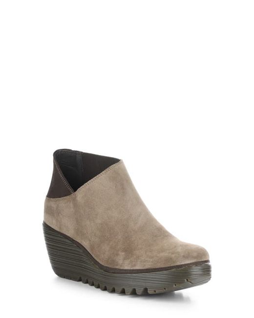 FLY London Yego Wedge Bootie in Taupe/Expresso Oil Suede at
