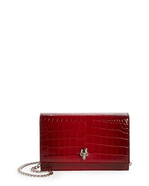 Alexander McQueen Small The Skull Croc Embossed Leather Crossbody Bag in Burgundy at