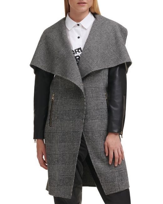 Karl Lagerfeld Mix Plaid Drape Collar Wool Blend Coat in at
