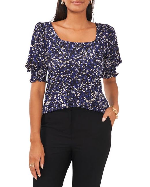 Chaus Leopard Square Neck Smocked Sleeve Blouse in Black at