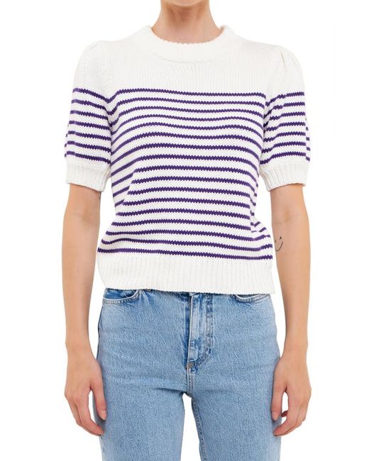 English Factory Stripe Short Puff Sleeve Sweater in White at