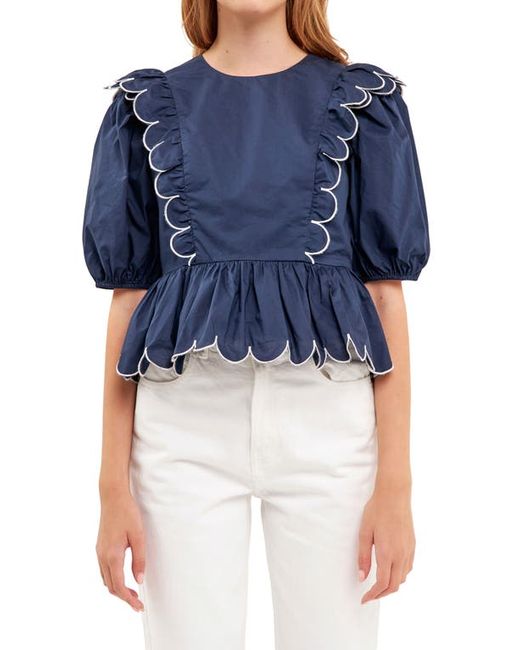 English Factory Contrast Scalloped Trim Cotton Top in Navy/White at