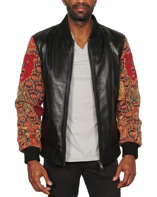 Maceoo Embroidered Sleeve Leather Bomber Jacket in at