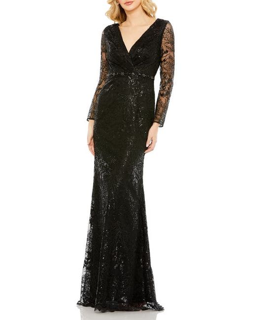 Mac Duggal Sequin Wrap Front Long Sleeve Sheath Gown in at