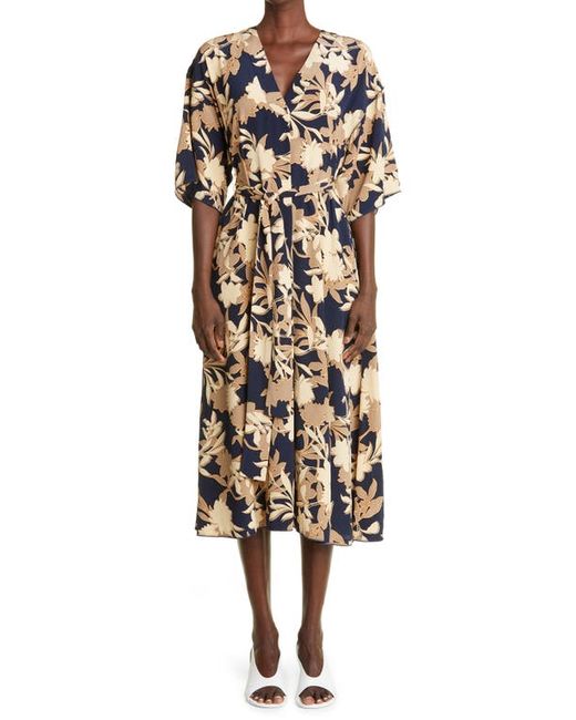 St. John Collection Floral Print Belted Silk Blend Midi Dress in at