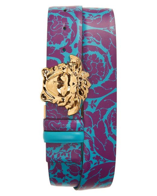 Versace Barocco Leather Reversible Belt in Teal Plum Gold at