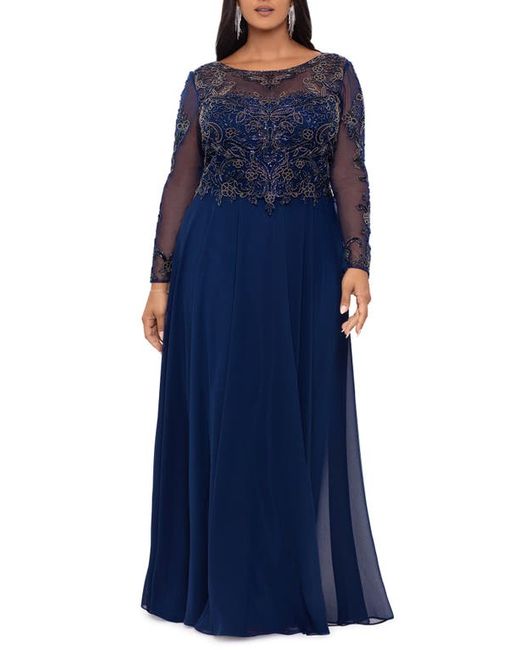 Xscape Long Sleeve Beaded Chiffon Gown in Navy/Antique at