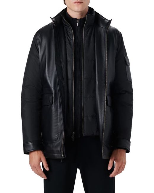 Bugatchi Full Zip Leather Bomber Jacket with Removable Bib in at