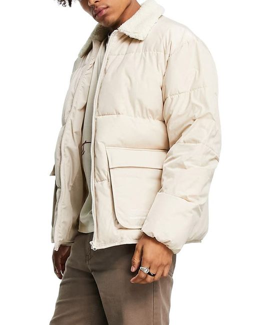 Topman Faux Shearling Collar Puffer Jacket in at