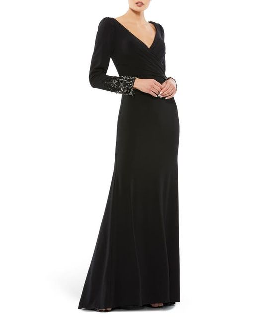 Mac Duggal Beaded Cuff Long Sleeve Wrap Front Gown in at