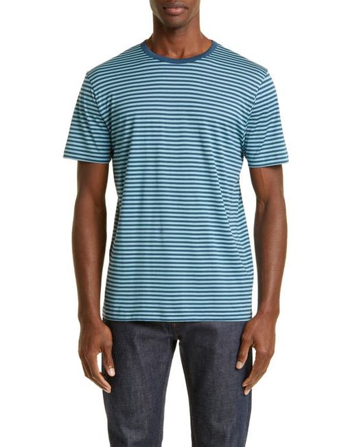 Sunspel Stripe Crewneck Supima Cotton T-Shirt in Teal/Storm at