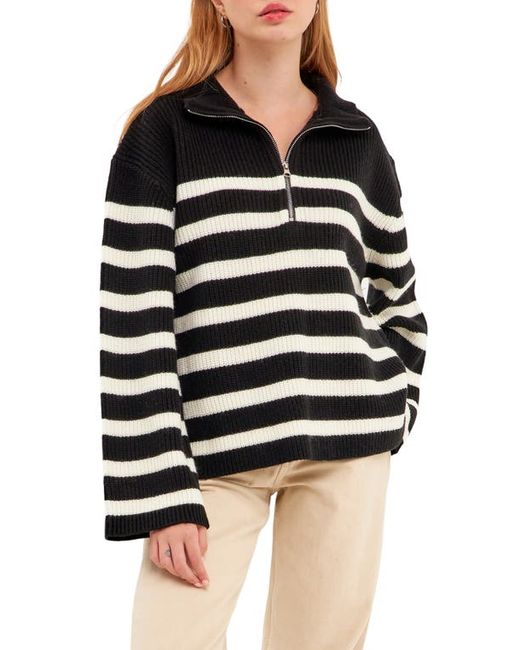 English Factory Stripe Half-Zip Sweater in Black at