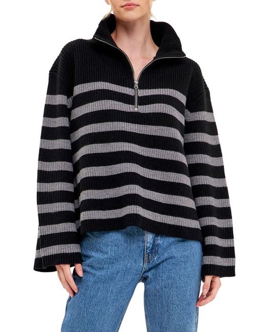 English Factory Stripe Half-Zip Sweater in Black/Grey at