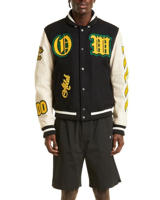 Off-White Stretch Wool Blend Leather Varsity Jacket in Yellow at