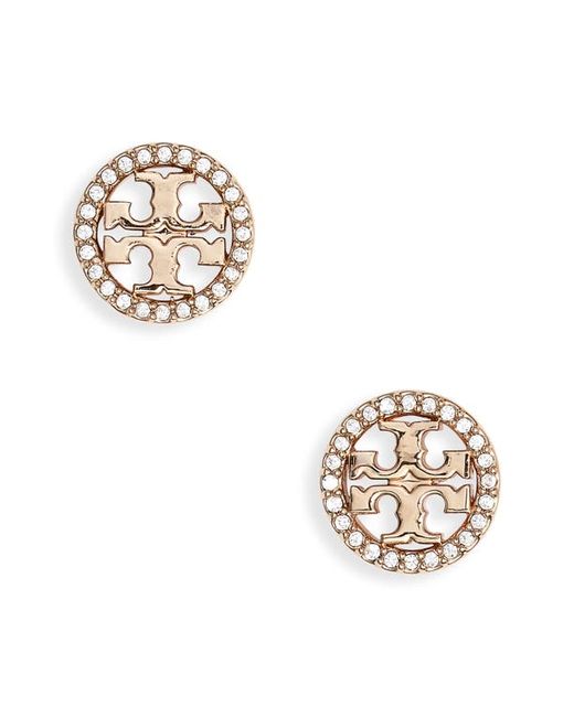 Tory Burch Crystal Logo Circle Stud Earrings in Tory Gold/Crystal at