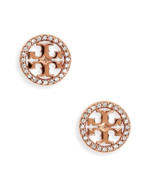 Tory Burch Crystal Logo Circle Stud Earrings in Rose Gold/Crystal at