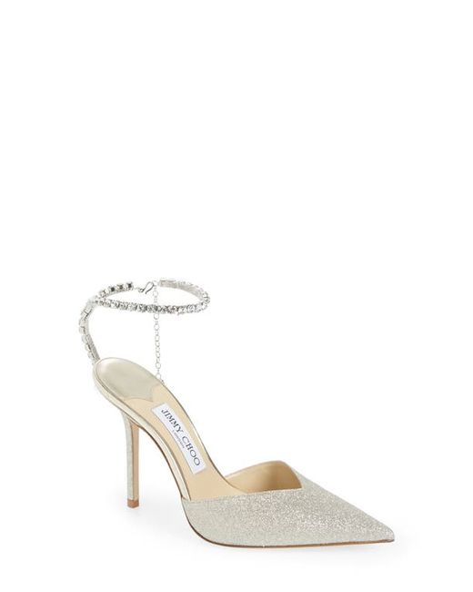 Jimmy Choo Saeda Glitter Crystal Ankle Strap Pointed Toe Pump in Ice/Crystal at