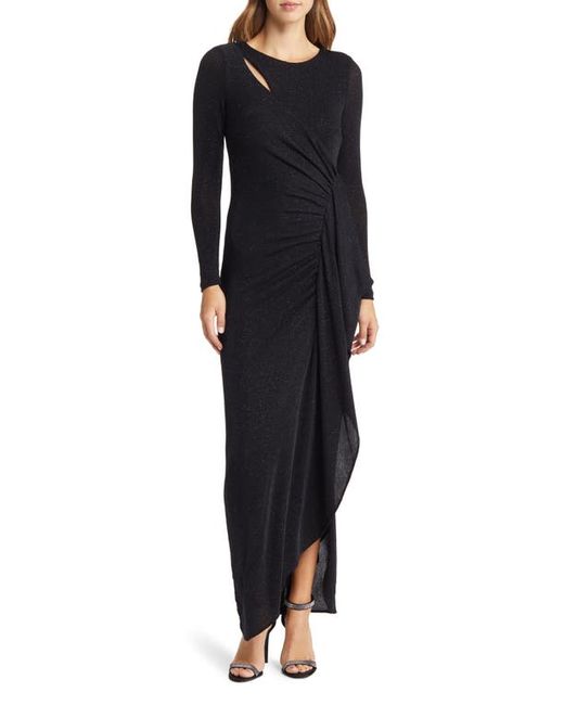 Xscape Ruched Metallic Long Sleeve Gown in at