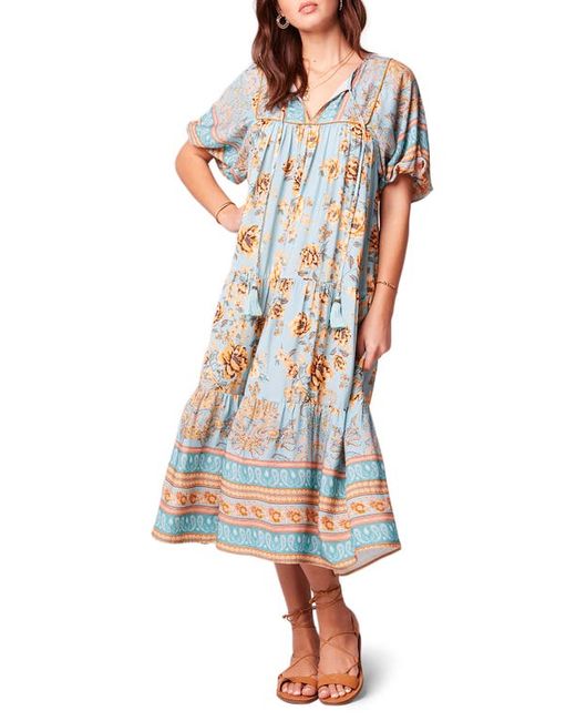 band of the free Rosa Floral Print Maxi Dress in Light Teal/Gold at
