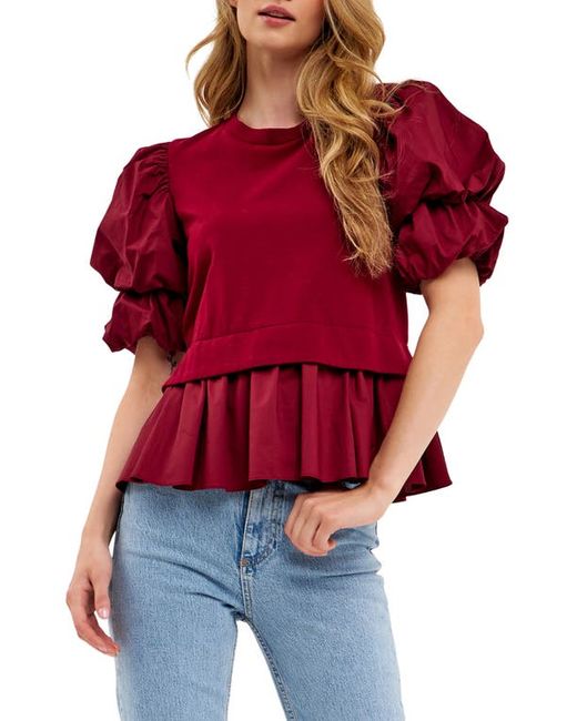 English Factory Puff Sleeve Mixed Media Top in at