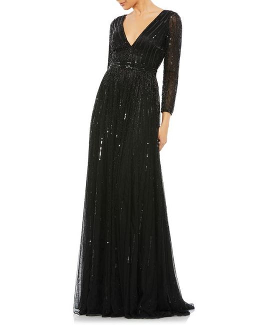 Mac Duggal Long Sleeve Sequin Bead Stripe Gown in at