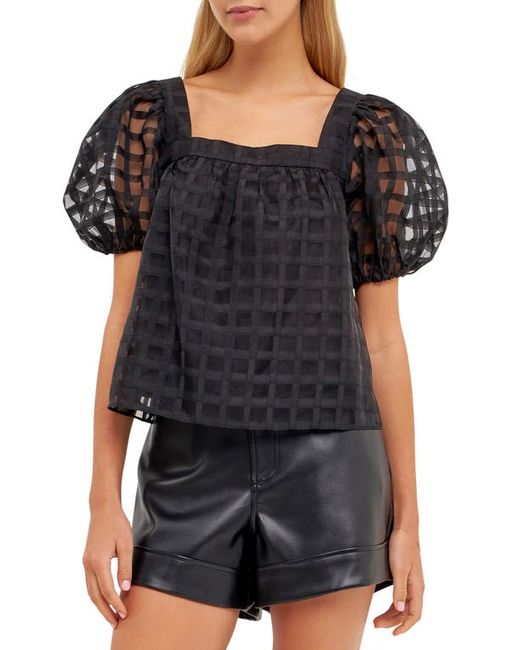 English Factory Grid Pattern Puff Sleeve Organza Top in at