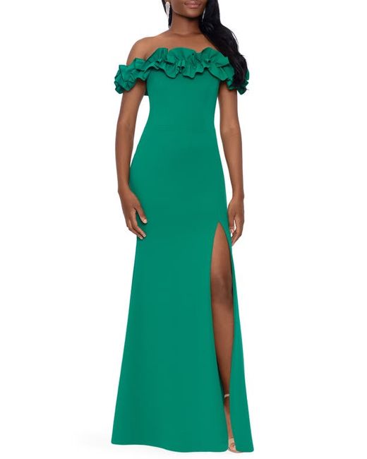 Xscape Off the Shoulder Ruffle Crepe Trumpet Gown in at