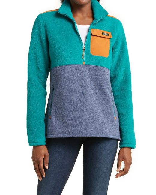 L.L.Bean High Pile Fleece Mixed Media Pullover in Raw Indigo/Warm Teal at